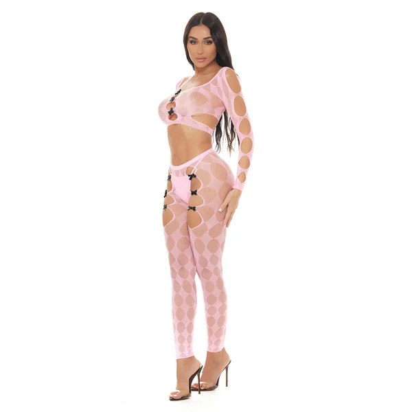 Pink Lipstick Tongue Twisted Crop Top and Leggings Set Lingerie