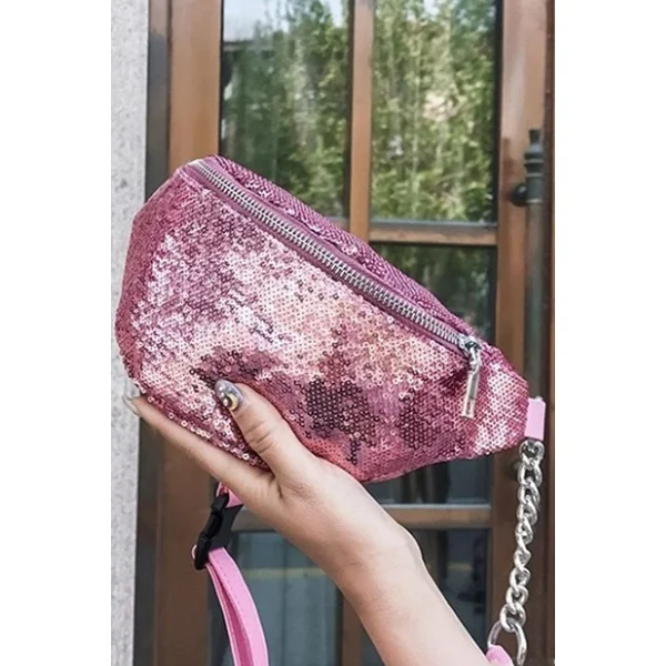 Pink Sequin Chain Straps Fanny Pack