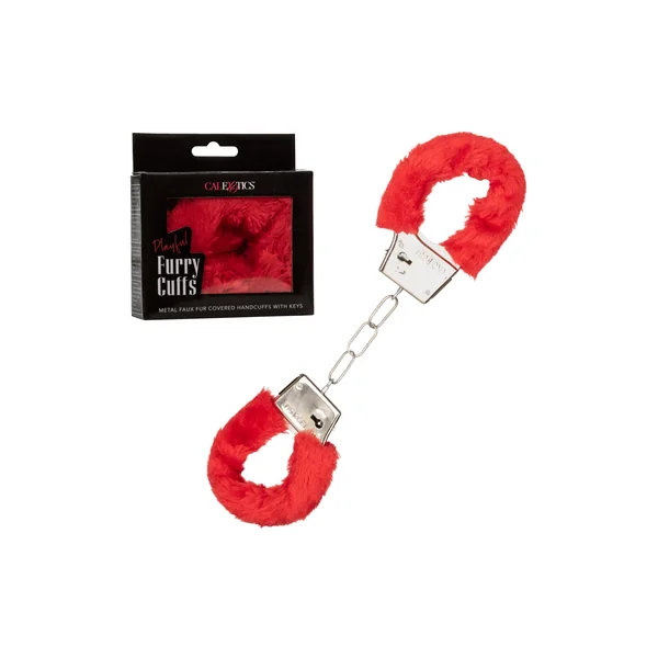 Playful Red Faux Fur Adjustable Metal Handcuffs with Keys