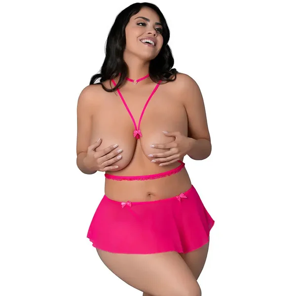 Plus Bondage Harness Lingerie Pink Kink Harness Top, Open Crotch Skirt