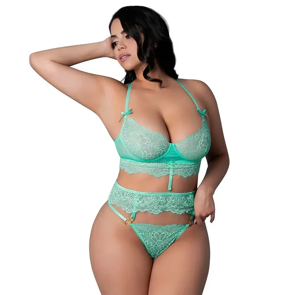 Plus Lingerie Demi Longline Bra & Panty with Flounce Aqua Glow Queen Size