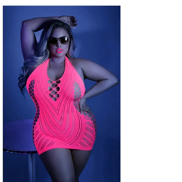 Plus Lingerie Dress Glow Shock Value Net Halter Dress Neon Pink