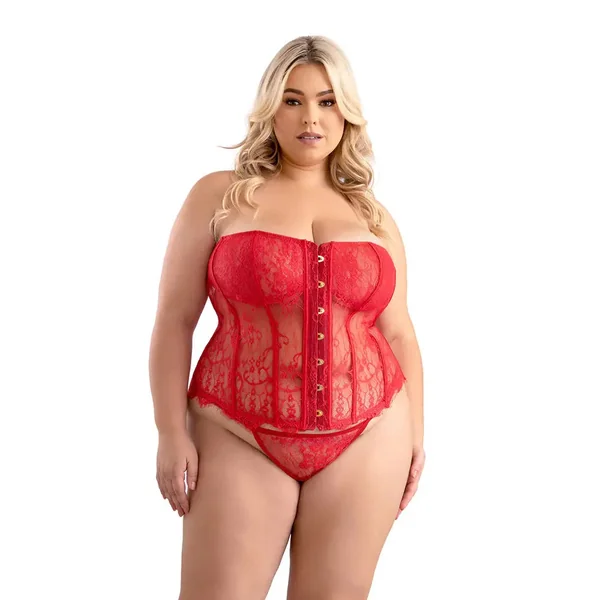 Plus Sexy Red Corset with Busk Front, Lace-Up Back & Matching G-String Panty 2XL