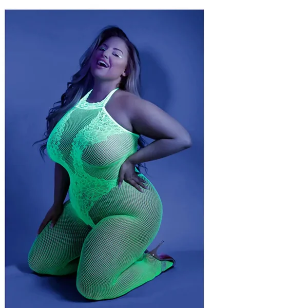 Plus Size Lingerie Glow Moonbeam Crotchless Bodystocking Green Queen Size