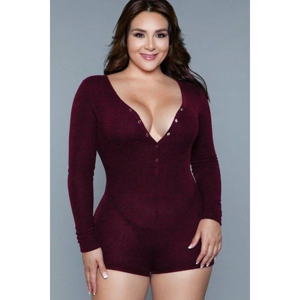 Plus Size Scoop Neck Long Sleeve Sleep Romper