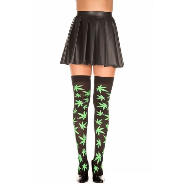 Pot Leaf Print Thigh High Stockings in Black and Green - One Size