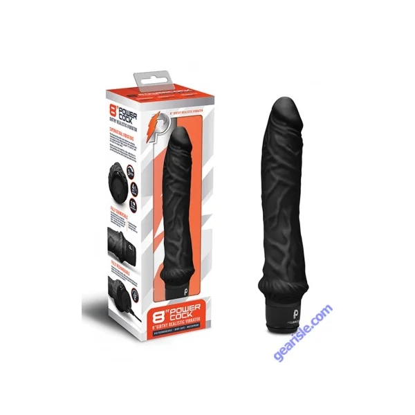 Powercocks 8" Girthy Realistic Vibrator Black Silicone Rechargeable