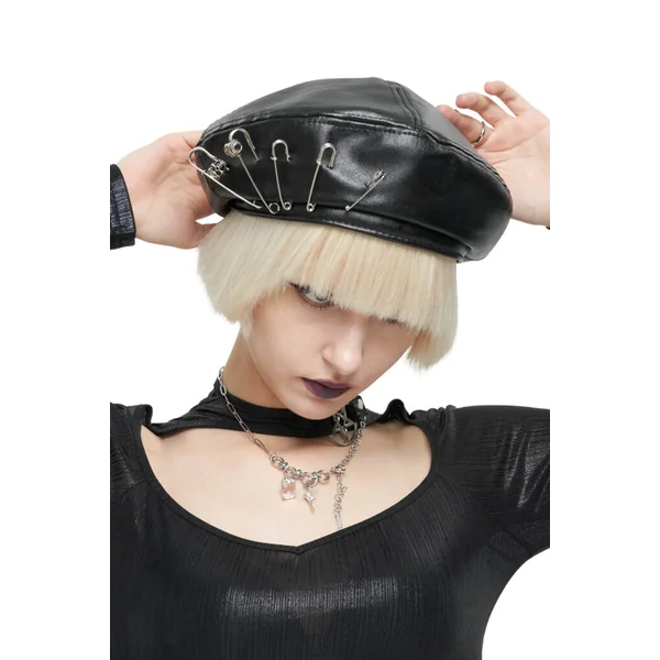 PU Parisian Style Beret Hat with Safety Pin Trims
