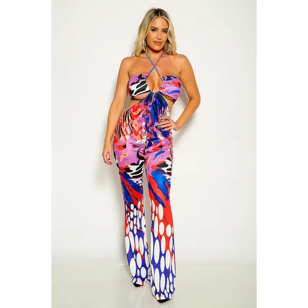 Purple Multi Printed Halter Flared Jumpsuit