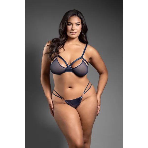 Queen Domina Metallic Cage Openable Cups Bra Set Navy