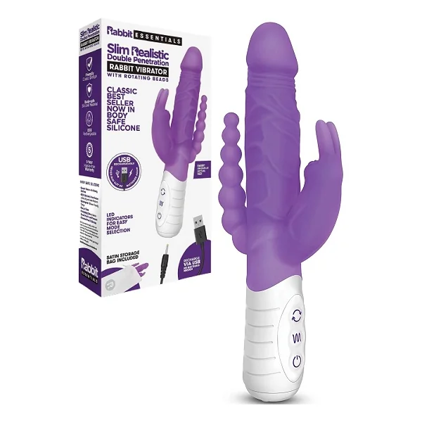 Rabbit Essentials Slim Realistic DP Rabbit Vibrator With Rotating Beads