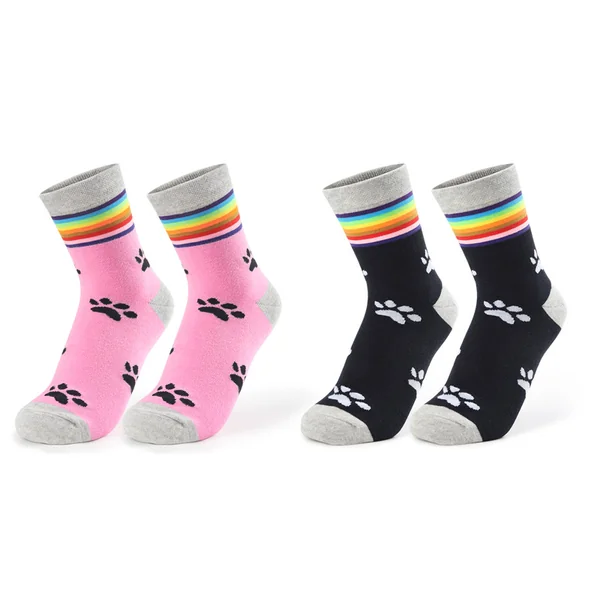 Rainbow Cuff Kitten Paw Cotton Mid Crew Socks 2 Pairs Set