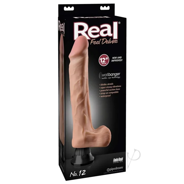 Real Feel Deluxe No. 12 Wallbanger Vibrating Dildo with Balls Waterproof 12in - Vanilla