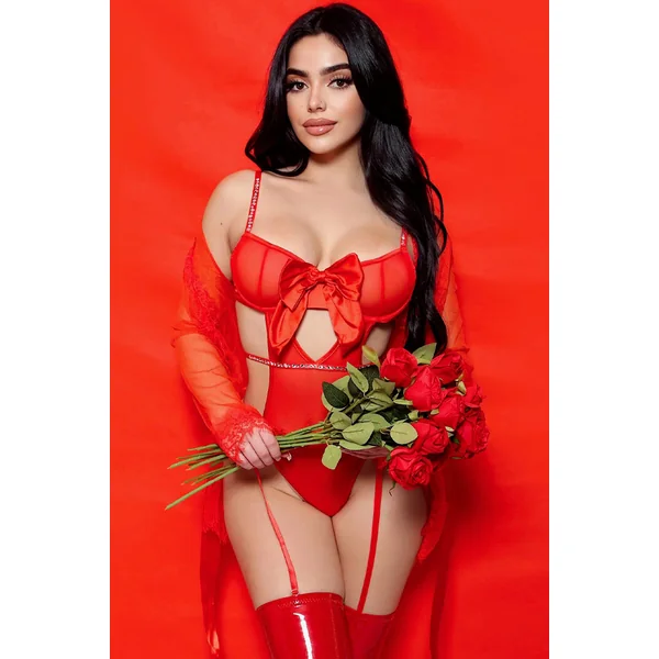 Red Bow Rhinestone Accent Mesh Sexy Teddy Holiday Lingerie