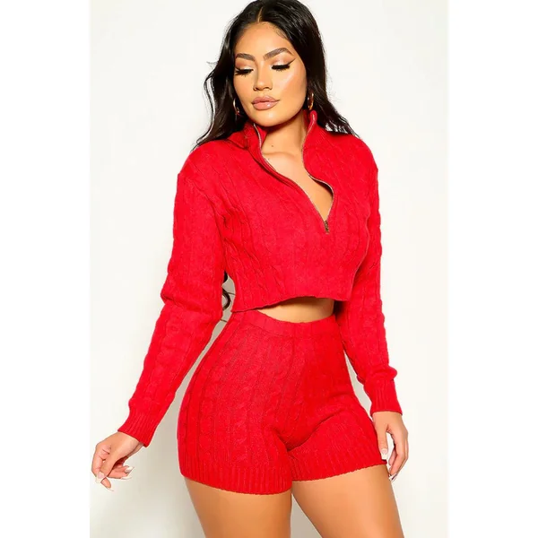 Red Cable Knit Lounge Sexy 2 Pc Sweater Outfit
