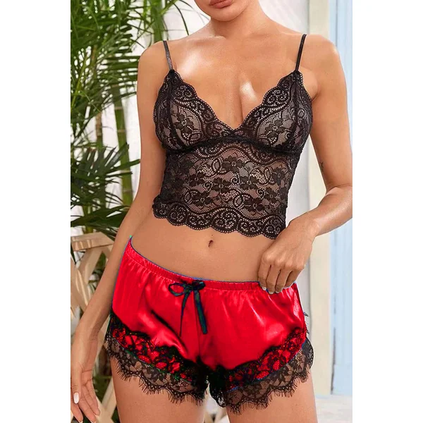 Red Eyelash lace Satin Two Piece Pajama Intimate Set
