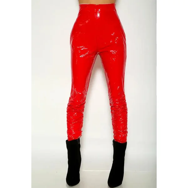 Red High Waist Patent Leather Ruched Ankle Slit Pants