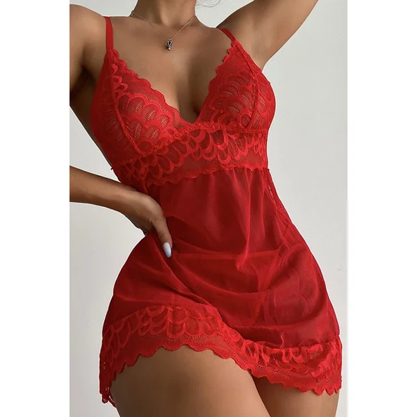 Red Lace Mesh Babydoll Dress Thong Sexy 2Pc Lingerie Set