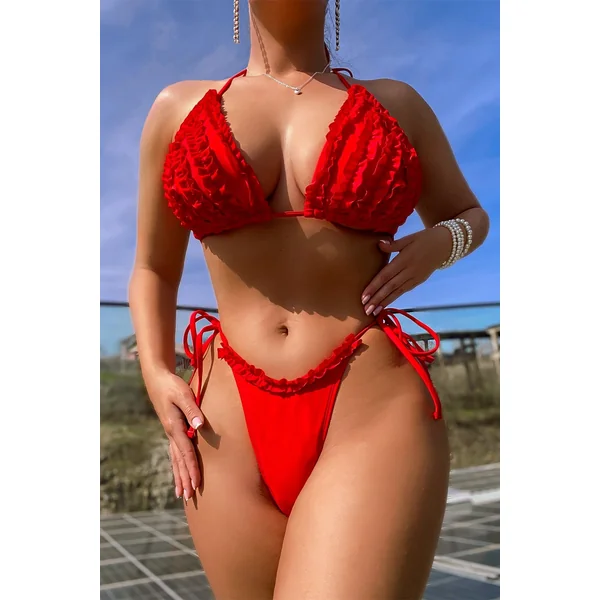 Red Ruffle Removable Pad Cheeky Sexy 2Pc Swimsuit Set Bikini