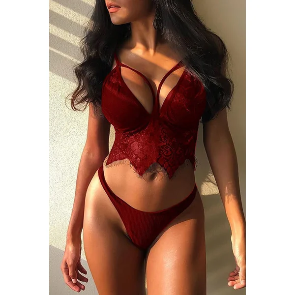 Red Sleeveless Eyelash Lace Two Piece High Waist Sexy Lingerie