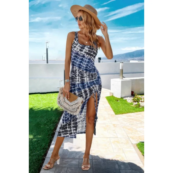 Ruched Allover Print Drawstring Split Thigh Dress