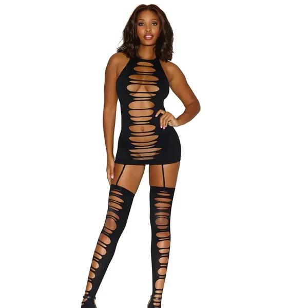 Seamless Opaque Halter Garter Dress With Front and Back Slash Details Black OS