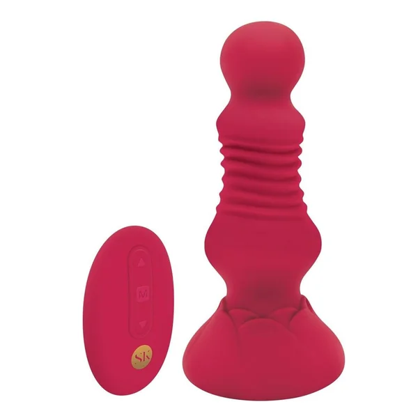 Secret Kisses Remote Control Thrusting Rechargeable Silicone Rosebud Buttplug – Red