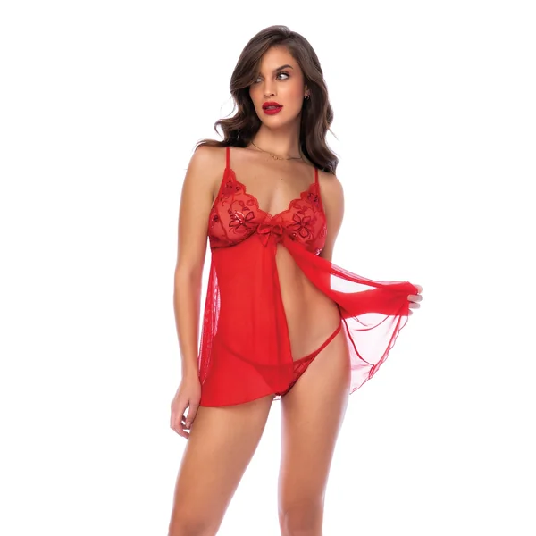 Sequin Embellished Babydoll w/G-String - Red SM