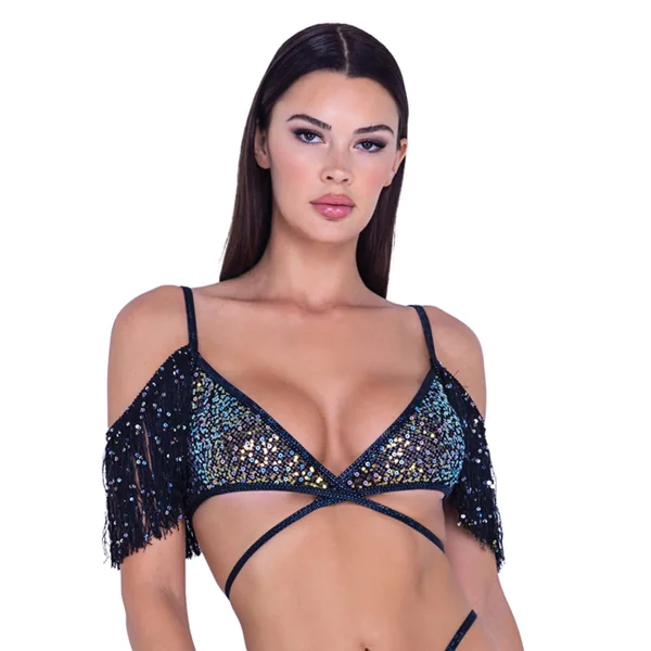 Sequin Fishnet Fringe Top - Black/Multi LG