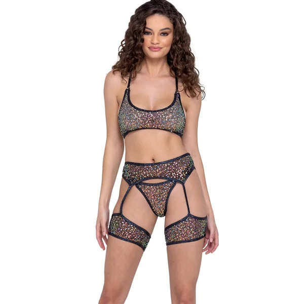 Sequin Fishnet Garter Belt with Attached Leg Strap