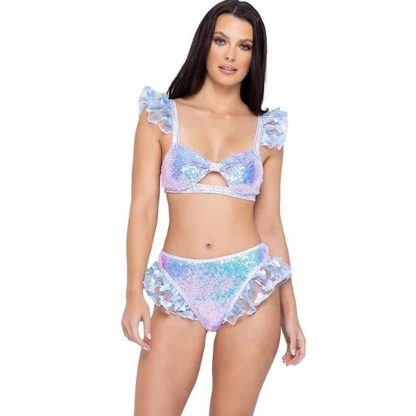 Sequin Keyhole Top with Butterfly Ruffle Trim