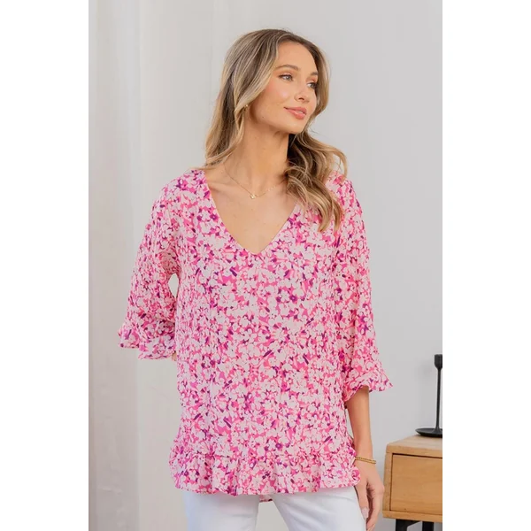 Sew In Love Full Size Floral V-Neck Flounce Sleeve Top