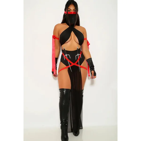 Sexy Black Red Ninja Assassin 5 Piece Halloween Costume