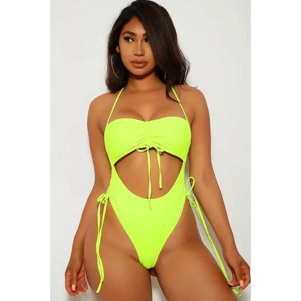 Sexy Neon Lime Ruched One Piece Swimsuit