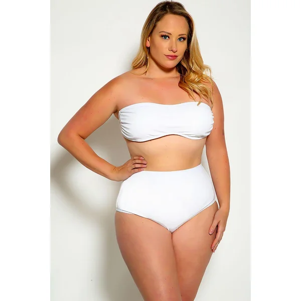 Sexy White Bandeau High Waist Plus Size Swimsuit
