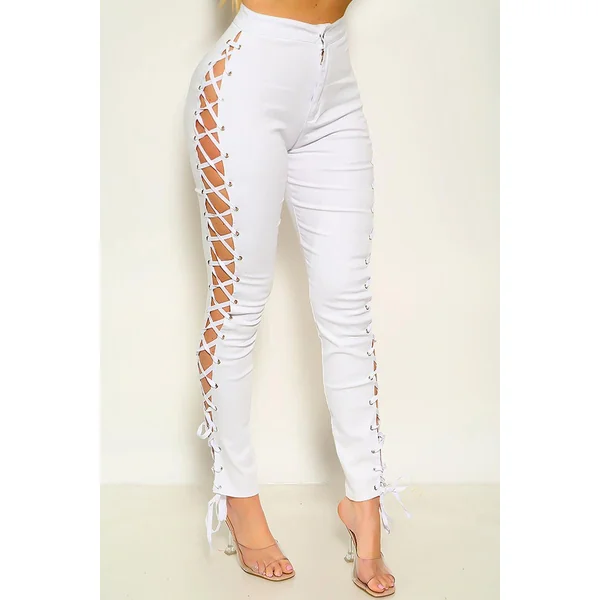 Sexy White Criss-Cross Lace Up Zip Up Pants