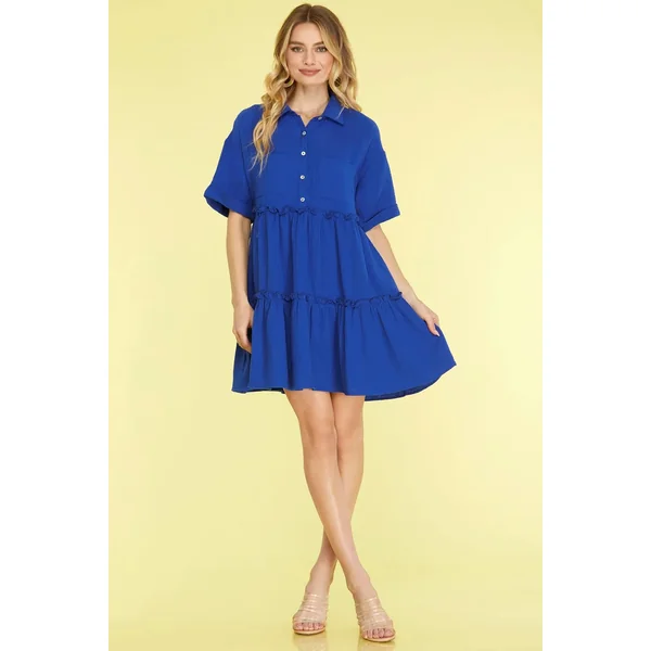 She + Sky Full Size Button Front Frill Tiered Mini Dress Plus Size