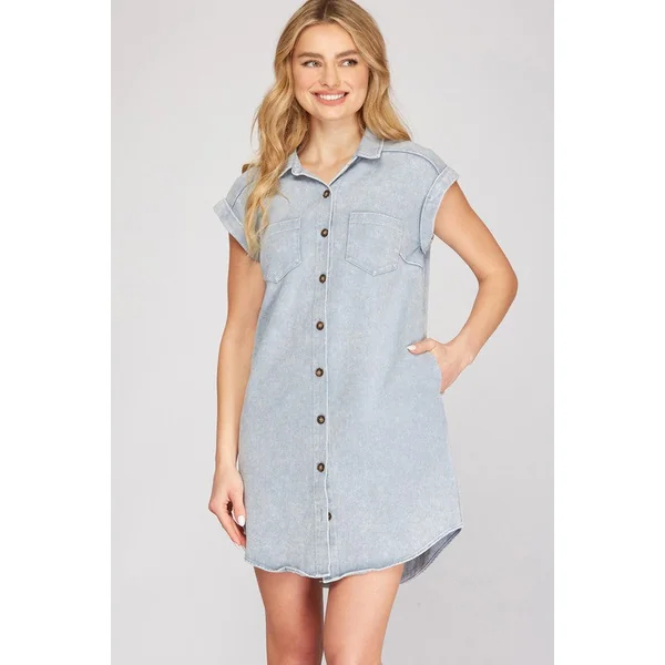 She + Sky Full Size Folded Cuff Button Down Washed Twill Shirt Dress Plus Size