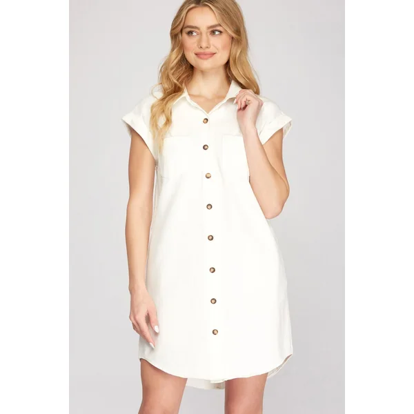 She + Sky Full Size Folded Cuff Button Down Washed Twill Shirt Dress Plus Size