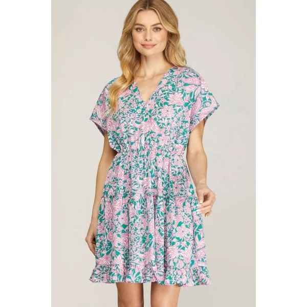 She + Sky Full Size Ruffled Hem Printed Surplice Kimono Sleeve Mini Dress Plus Size