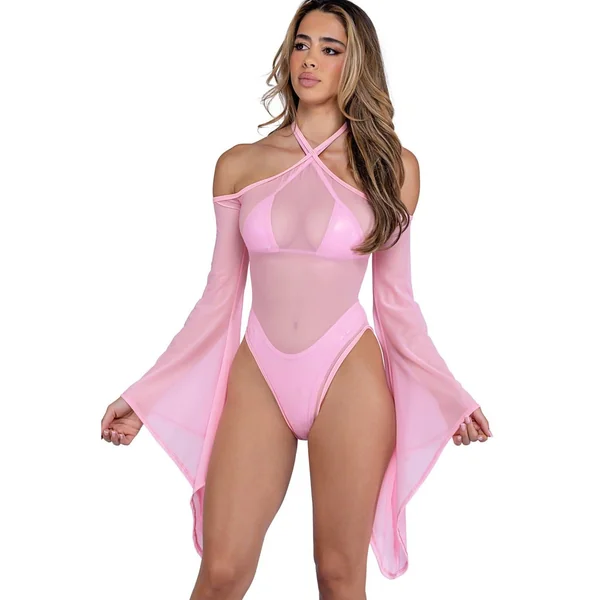 Sheer Mesh Romper with Bell Sleeves