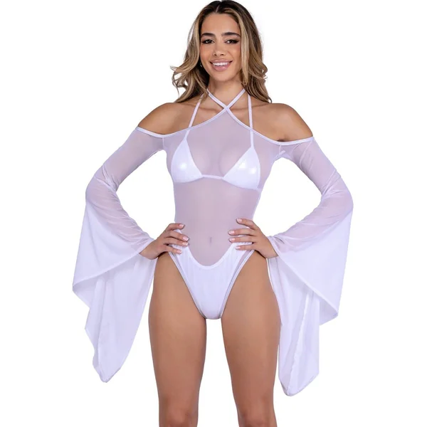 Sheer Mesh Romper with Bell Sleeves