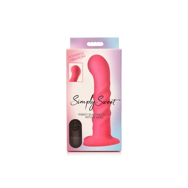 Simply Sweet 21X Vibrating Ribbed Silicone Dildo W/ Remote Pink