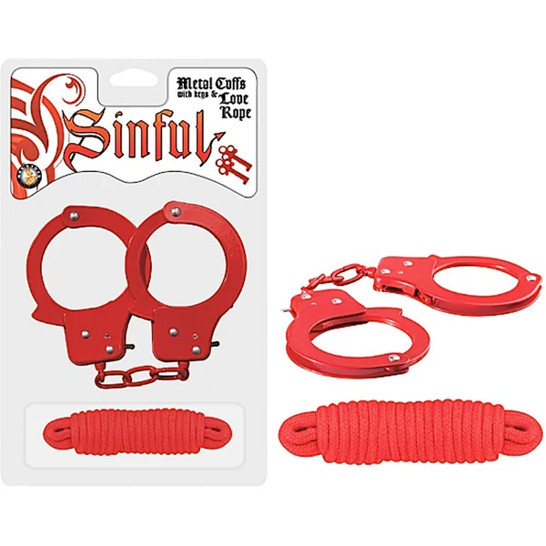 Sinful Metal Cuffs With Keys & 118 inch Love Rope (Red)