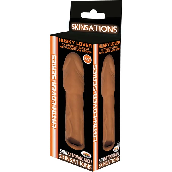 Skinsations Latin Lover Husky Lover Extension Sleeve with Scrotum Strap 6.5in - Caramel