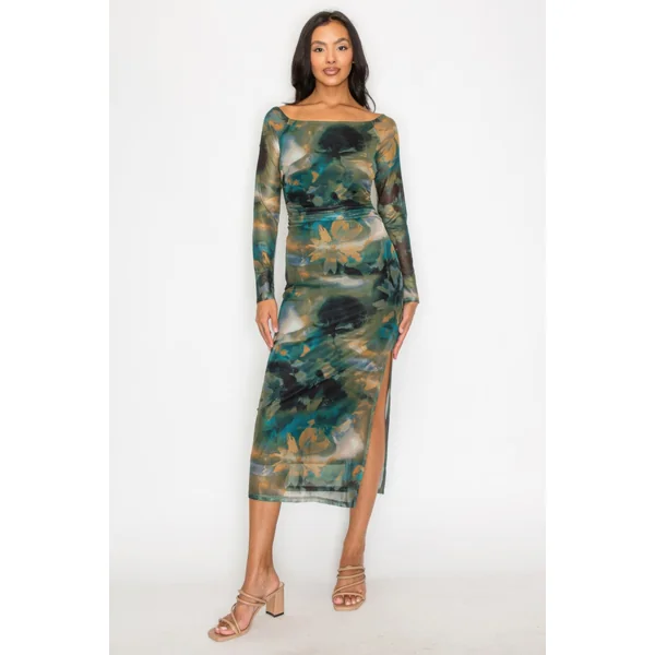 Slit Off-shoulder Mesh Printed Dress