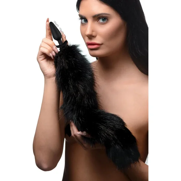 Small Vibrating Anal Plug with Fox Tail Butt Plug Attachment - Black