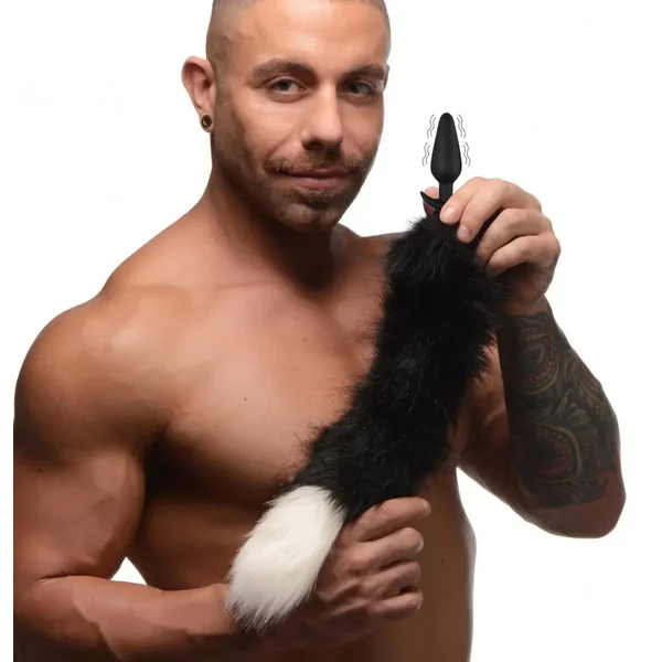 Small Vibrating Anal Plug with Fox Tail Butt Plug Attachment - Black and White