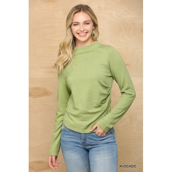 Solid And Cozy Soft Knit Mock Neck Top With Side Ruched Detail