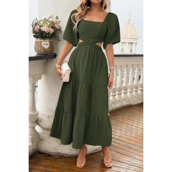 Solid Square Neck Cut Out Cross Ruffle Dress